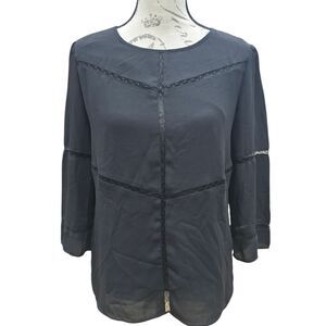 Banana Republic -1665 3/4 Sleeve Katie Lace Insert Solid Black Blouse Women's XS